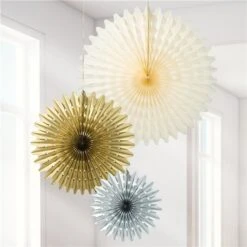 Metallic Gold Mix Paper Fan Decorations – 85cm (Pk 3)