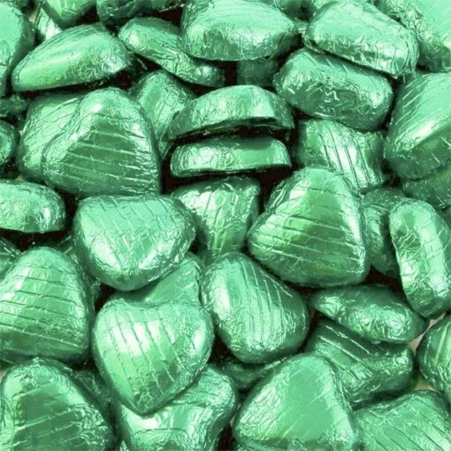 100 X Pale Green Foil Chocolate Hearts – Bulk Pack